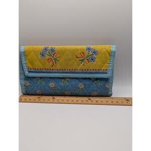 Tanya Lee Women's Quilted Floral Fabric Wallet Blue Yellow 8in x 4in dirty